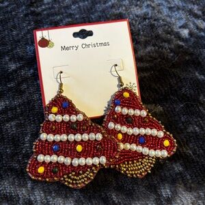 Festive Red Beaded Christmas Tree Earrings